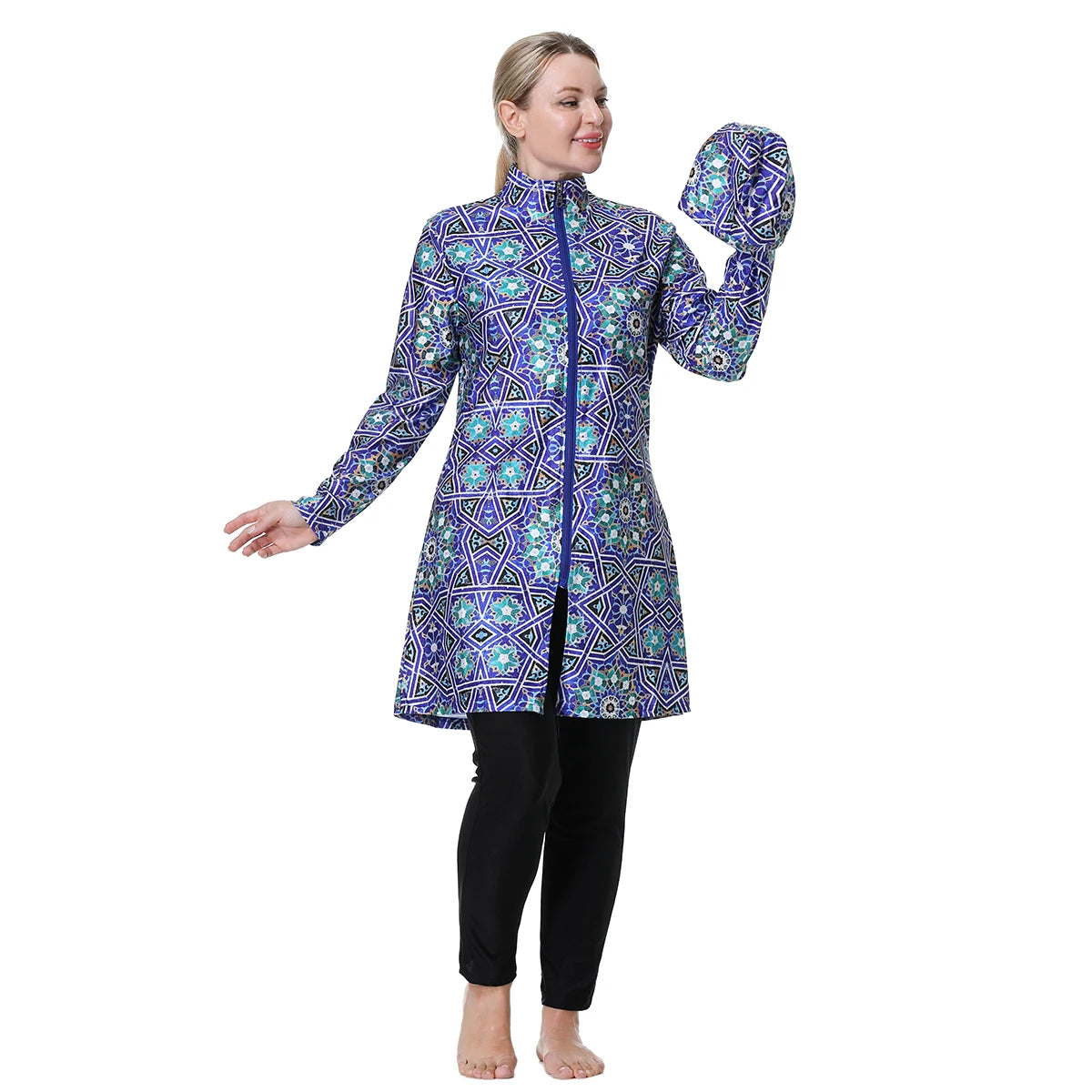 H1024 Muslim Women Fullcoverage Long Sleeves Cover Up Burkinis Three Pieces Plus Size Printing Swimwear Suits