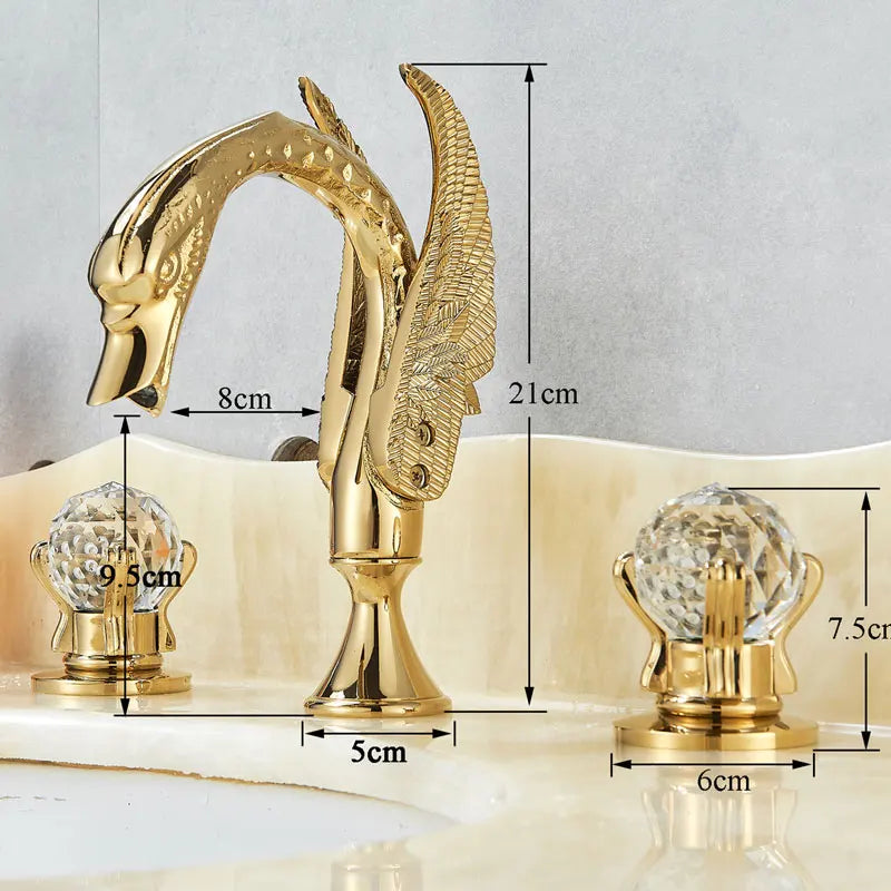 Luxury Gold Swan Bathroom Basin Tap Crystal Handle Swan Basin Faucet Cold Hot Water Mixer Taps Deck Mounted Washbasin Faucet