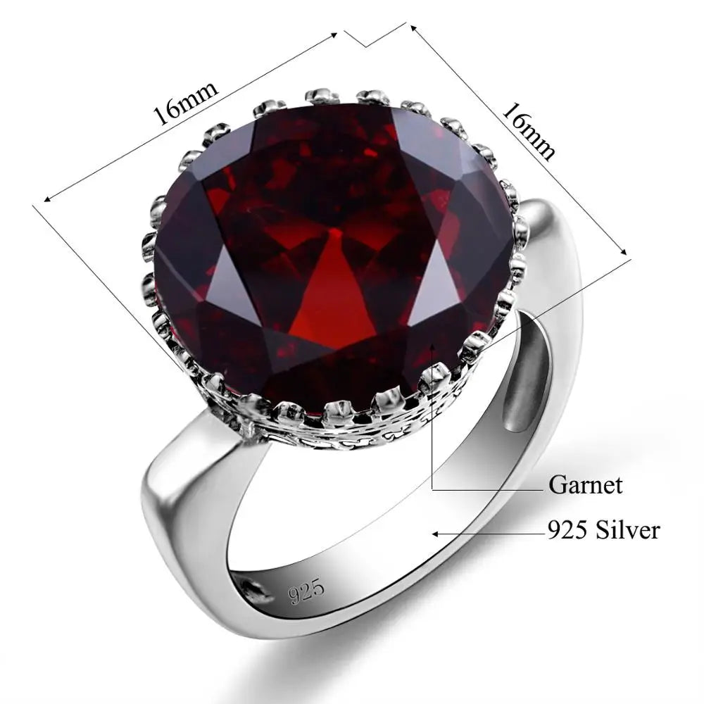 Szjinao Round Cut 16*16mm Garnet Ring Women Massive Genuine 925 Sterling Silver Vintage Large Wide Silver 925 Women's Jewellry F