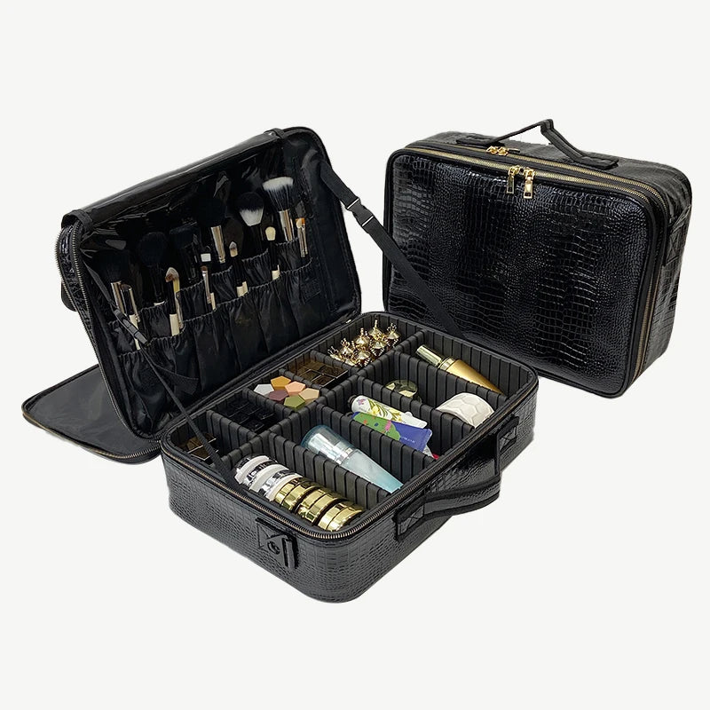 2021 New Crocodile PU Leather Cosmetic Bag Professional Make Up Box Large Capacity Storage Travel Toiletry Makeup Suitcase