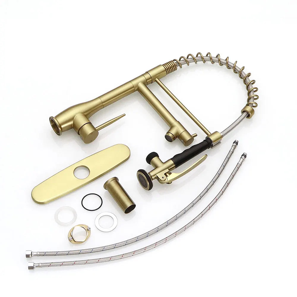 Commercial Brushed Gold Kitchen Faucet with Pull Down Sprayer,Faucet with Deck Plate,Single Handle Single Lever Kitchen Faucet