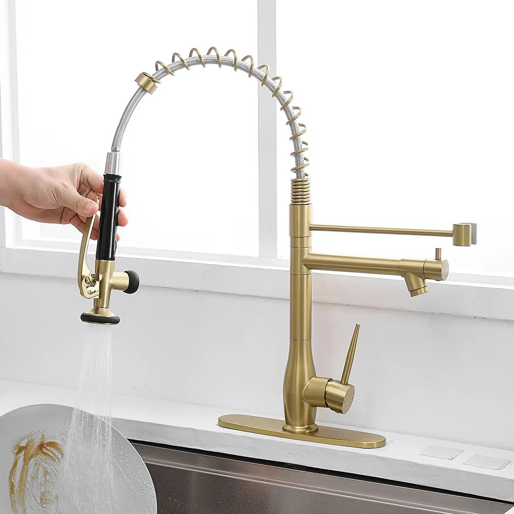 Commercial Brushed Gold Kitchen Faucet with Pull Down Sprayer,Faucet with Deck Plate,Single Handle Single Lever Kitchen Faucet