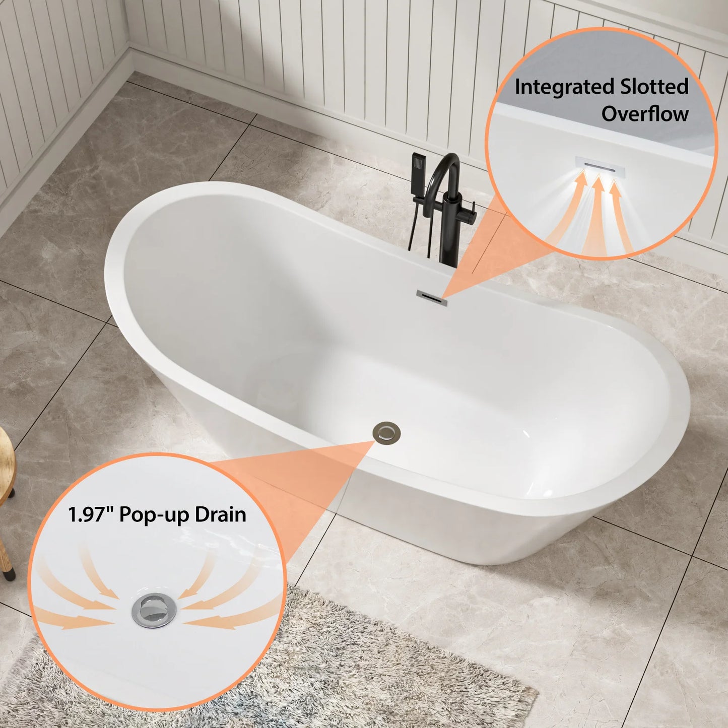 US Stock 67 Inch Glossy White Adult Acrylic Freestanding Bath Tub Deep Soaking Alone Solid Surface Design for Hotels Villas
