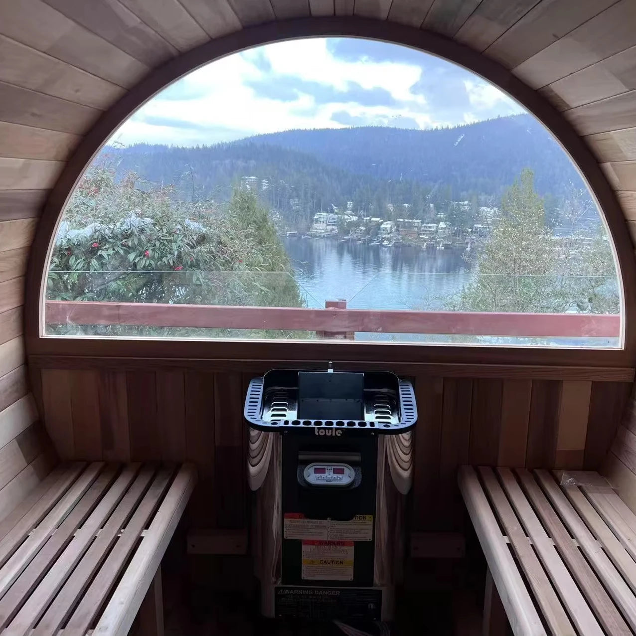 HELIUS Ready 6 person cheap outdoor red cedar steam sauna traditional electric heater barrel sauna with half glass and porch