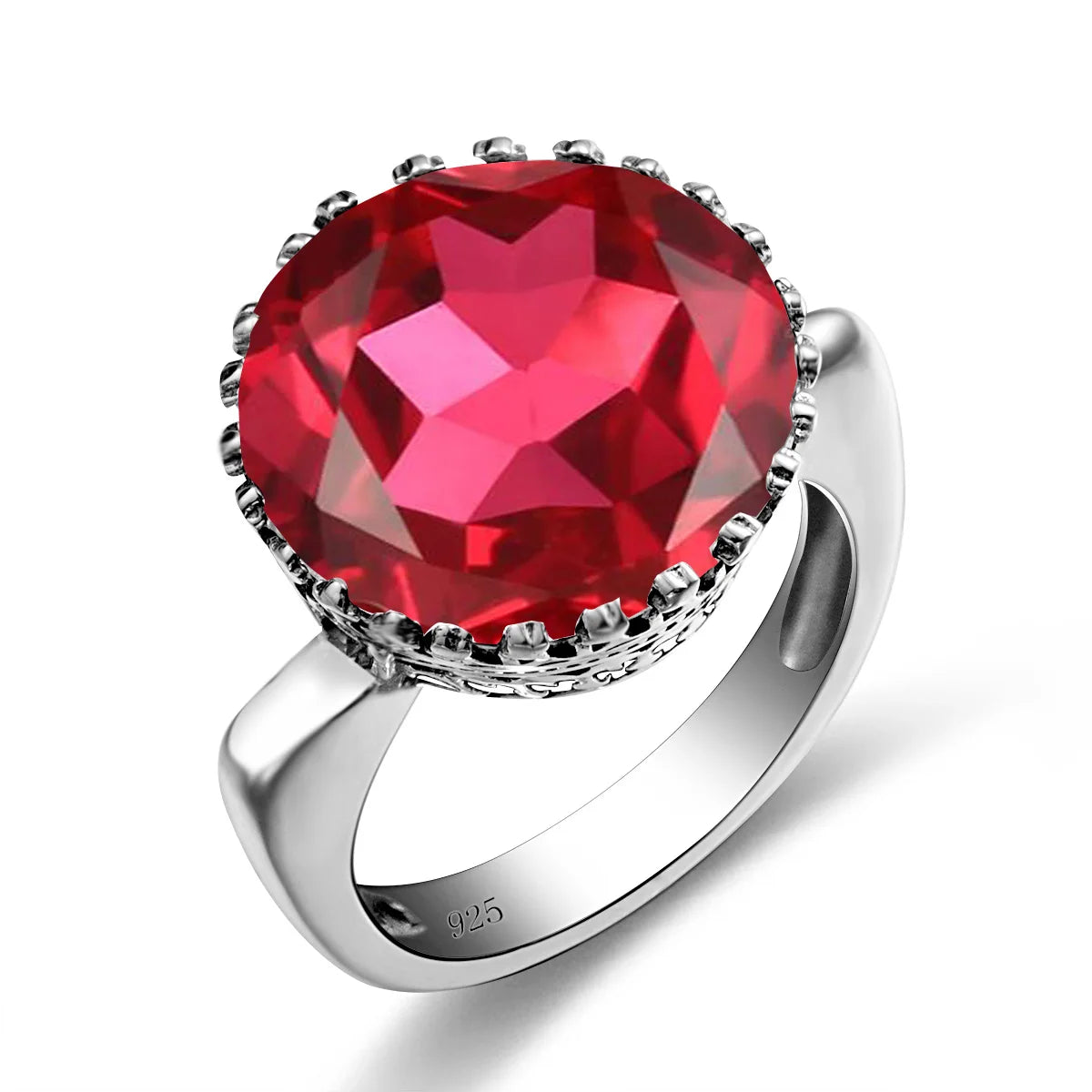Szjinao Round Cut 16*16mm Garnet Ring Women Massive Genuine 925 Sterling Silver Vintage Large Wide Silver 925 Women's Jewellry F