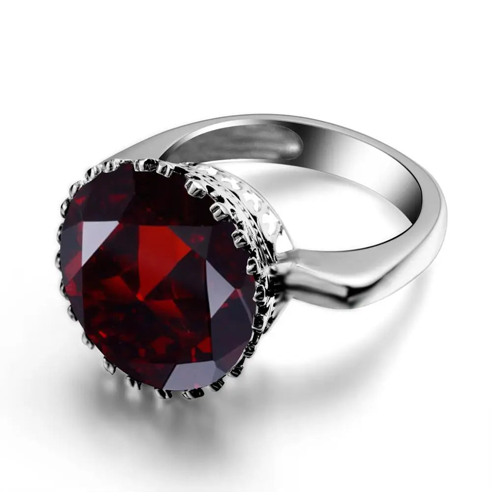 Szjinao Round Cut 16*16mm Garnet Ring Women Massive Genuine 925 Sterling Silver Vintage Large Wide Silver 925 Women's Jewellry F
