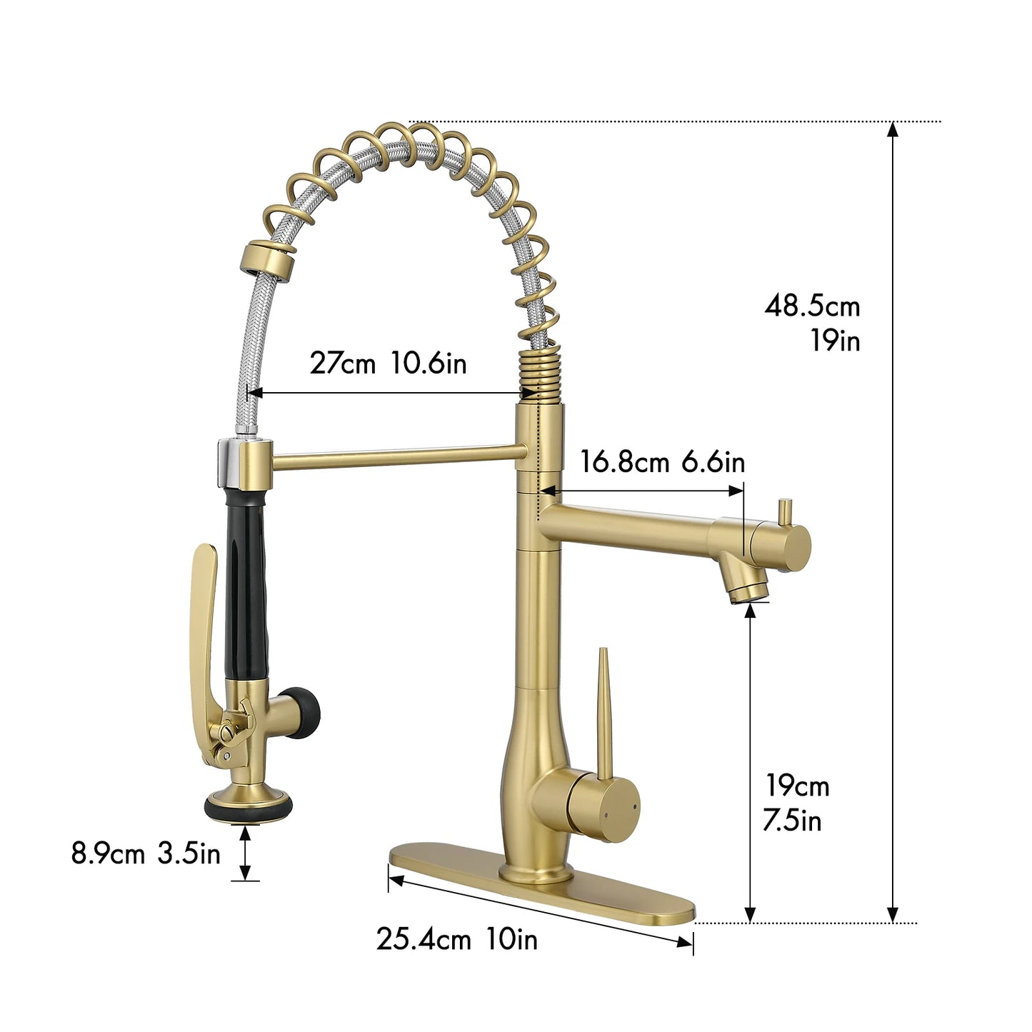 Commercial Brushed Gold Kitchen Faucet with Pull Down Sprayer,Faucet with Deck Plate,Single Handle Single Lever Kitchen Faucet