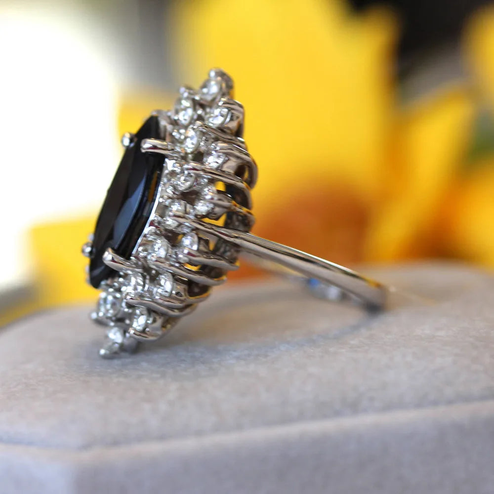 Laxury 1.5ct 12x6MM Black Marquise Cut Moissanite Ring Solarite with Round Brilliant Cut Lab Diamond Halo Ring for Women