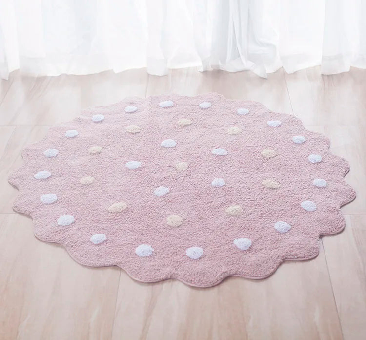 Nordic Round Rug Cotton Dots Floor Mat Soft Pink White Carpet Baby Play Area Children Bedroom Pad Kawaii Home Living Room Decor