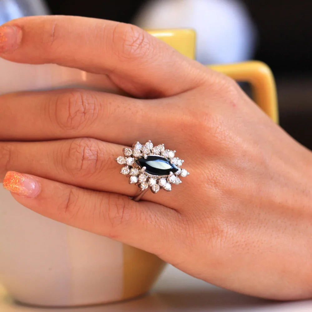 Laxury 1.5ct 12x6MM Black Marquise Cut Moissanite Ring Solarite with Round Brilliant Cut Lab Diamond Halo Ring for Women