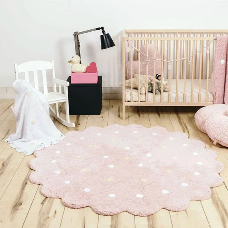 Nordic Round Rug Cotton Dots Floor Mat Soft Pink White Carpet Baby Play Area Children Bedroom Pad Kawaii Home Living Room Decor