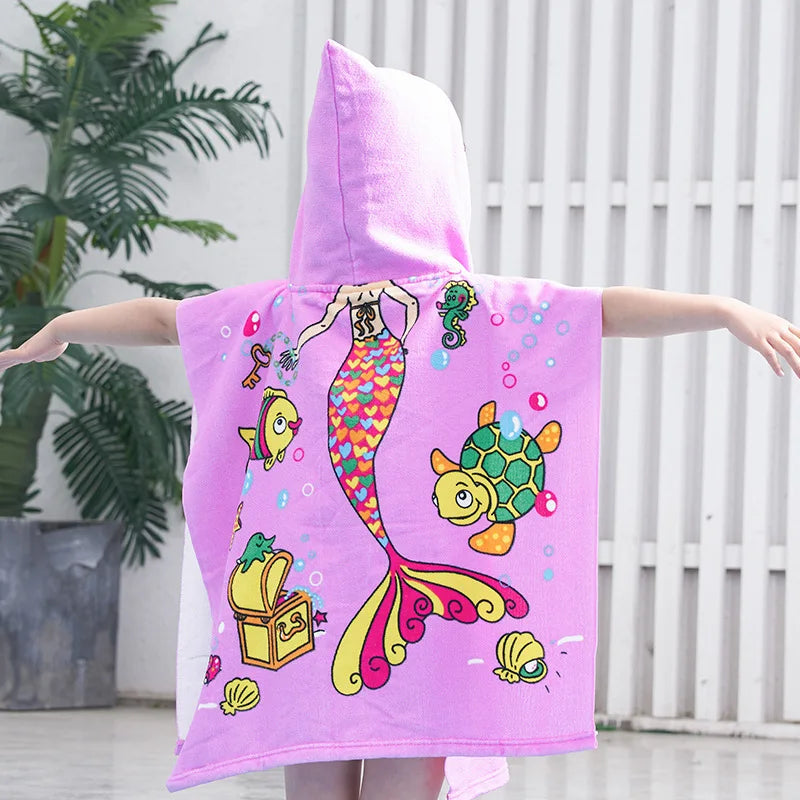 Large Cute Kids Hooded Bath Towel Cloak Cartoon Print Boys Girls Bathroom Beach Can Wear Super Absorbent Child Sunscreen Shawel
