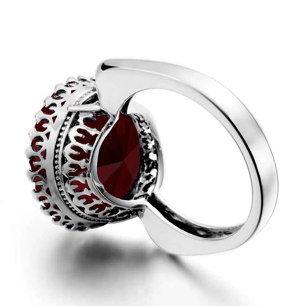 Szjinao Round Cut 16*16mm Garnet Ring Women Massive Genuine 925 Sterling Silver Vintage Large Wide Silver 925 Women's Jewellry F