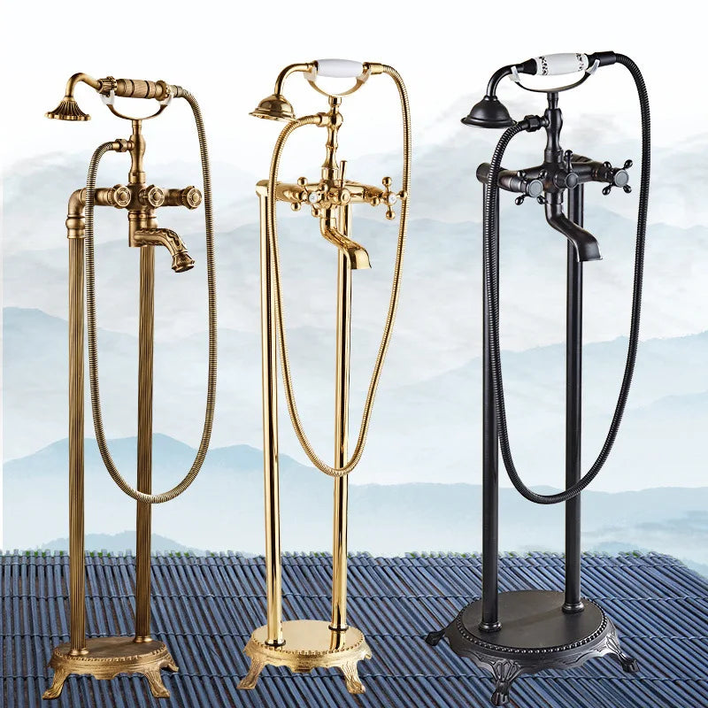 Antique Gold Bathroom Bathtub Faucet Mixer Shower OEM Brass Floor Freestanding Bath Tap