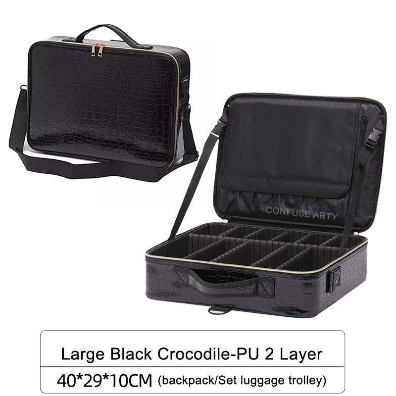2021 New Crocodile PU Leather Cosmetic Bag Professional Make Up Box Large Capacity Storage Travel Toiletry Makeup Suitcase