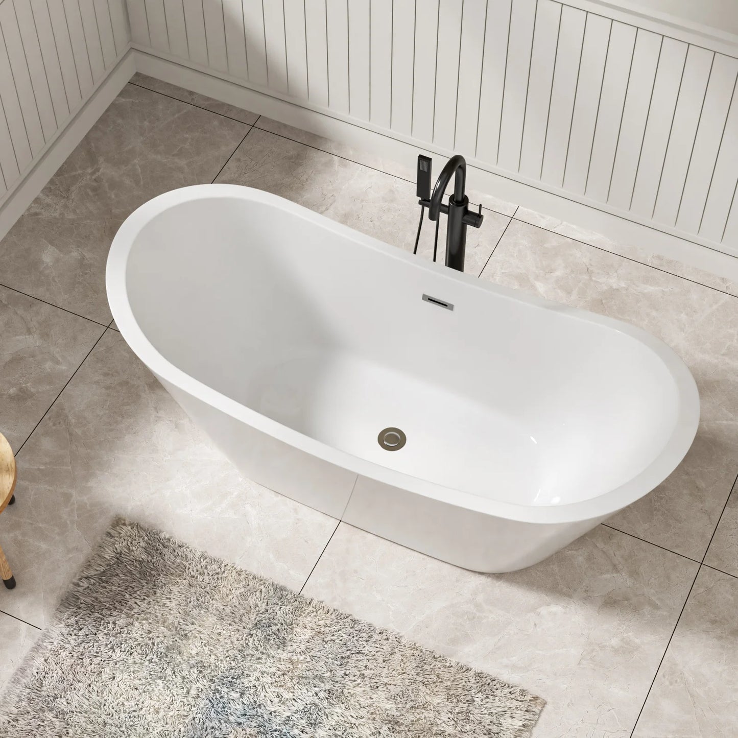 US Stock 67 Inch Glossy White Adult Acrylic Freestanding Bath Tub Deep Soaking Alone Solid Surface Design for Hotels Villas