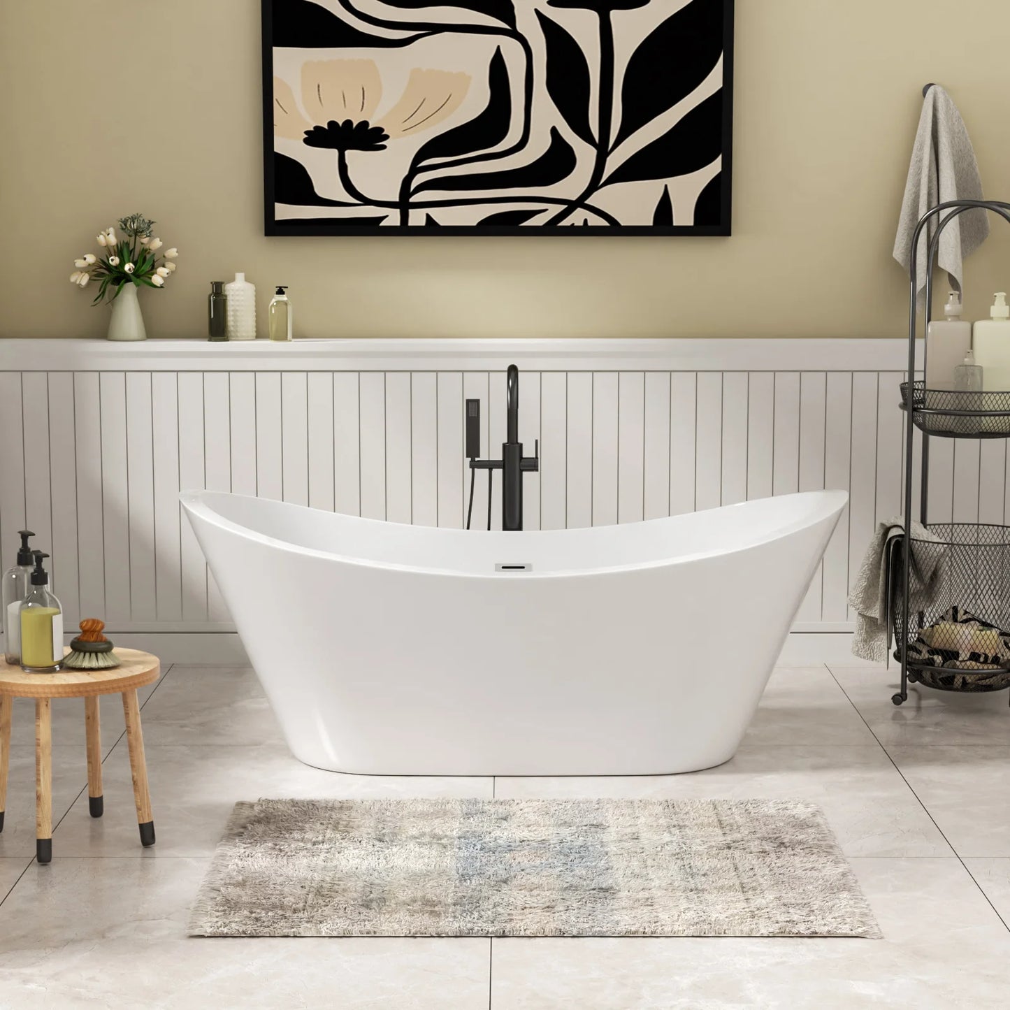 US Stock 67 Inch Glossy White Adult Acrylic Freestanding Bath Tub Deep Soaking Alone Solid Surface Design for Hotels Villas