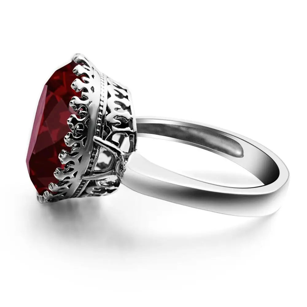 Szjinao Round Cut 16*16mm Garnet Ring Women Massive Genuine 925 Sterling Silver Vintage Large Wide Silver 925 Women's Jewellry F