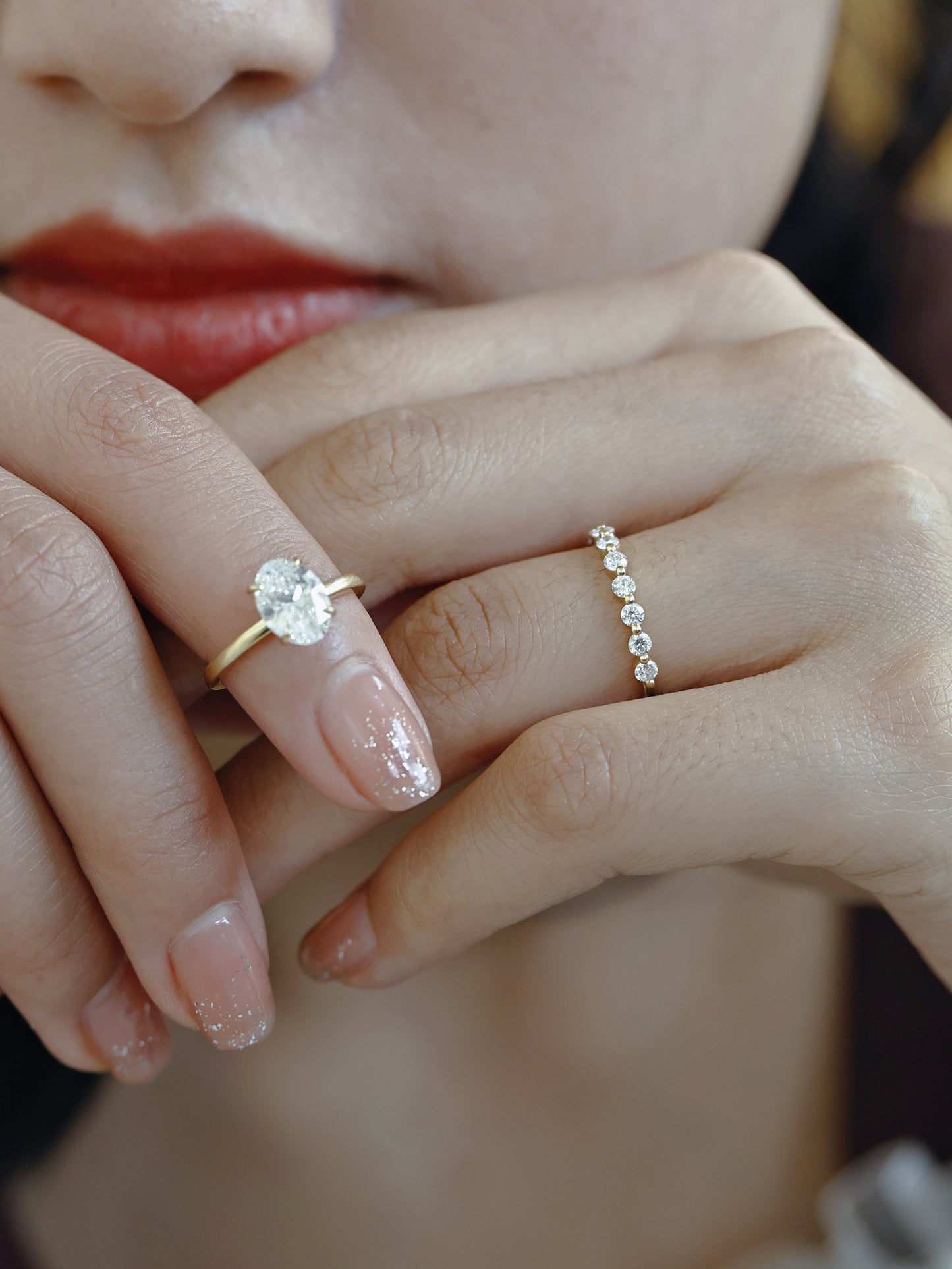 HD Fanxing 18K Gold Artificial Synthetic Cultivation Diamond Shining Easiest for Match Twin Half Circle round Diamond Row Diamond Ring Ins