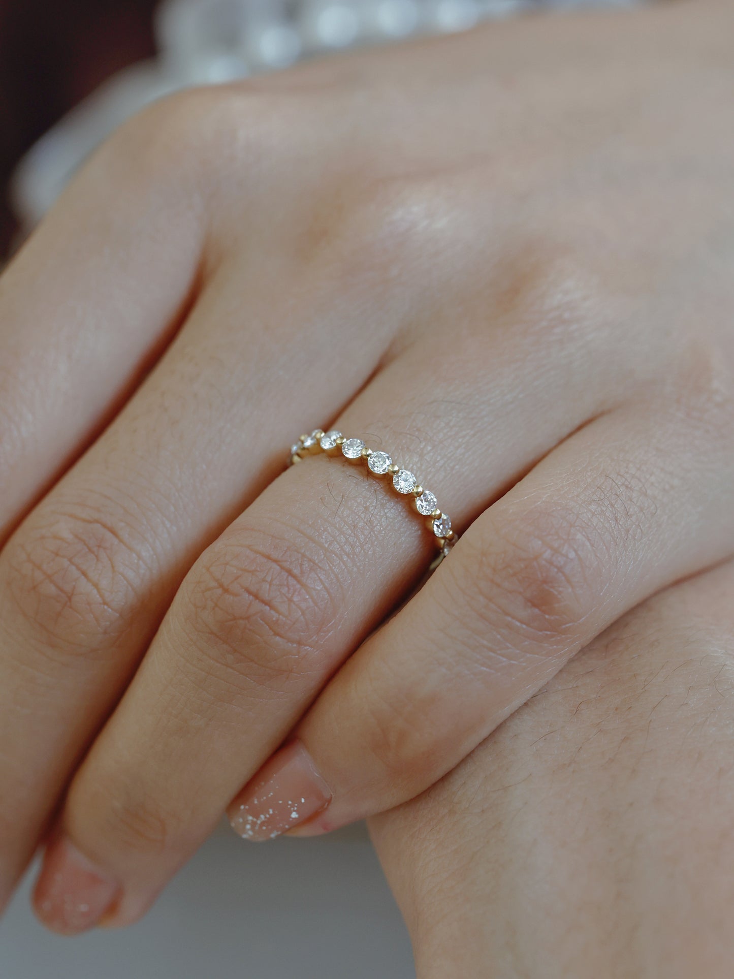 HD Fanxing 18K Gold Artificial Synthetic Cultivation Diamond Shining Easiest for Match Twin Half Circle round Diamond Row Diamond Ring Ins