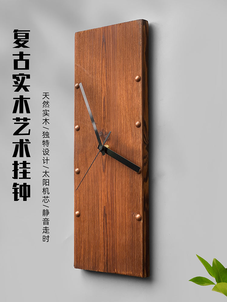 Retro Solid Wood Rectangular Wall Clock American Style Nostalgic Decorative Clock Minimalist Art Mute Clock Living Room Punch-Free