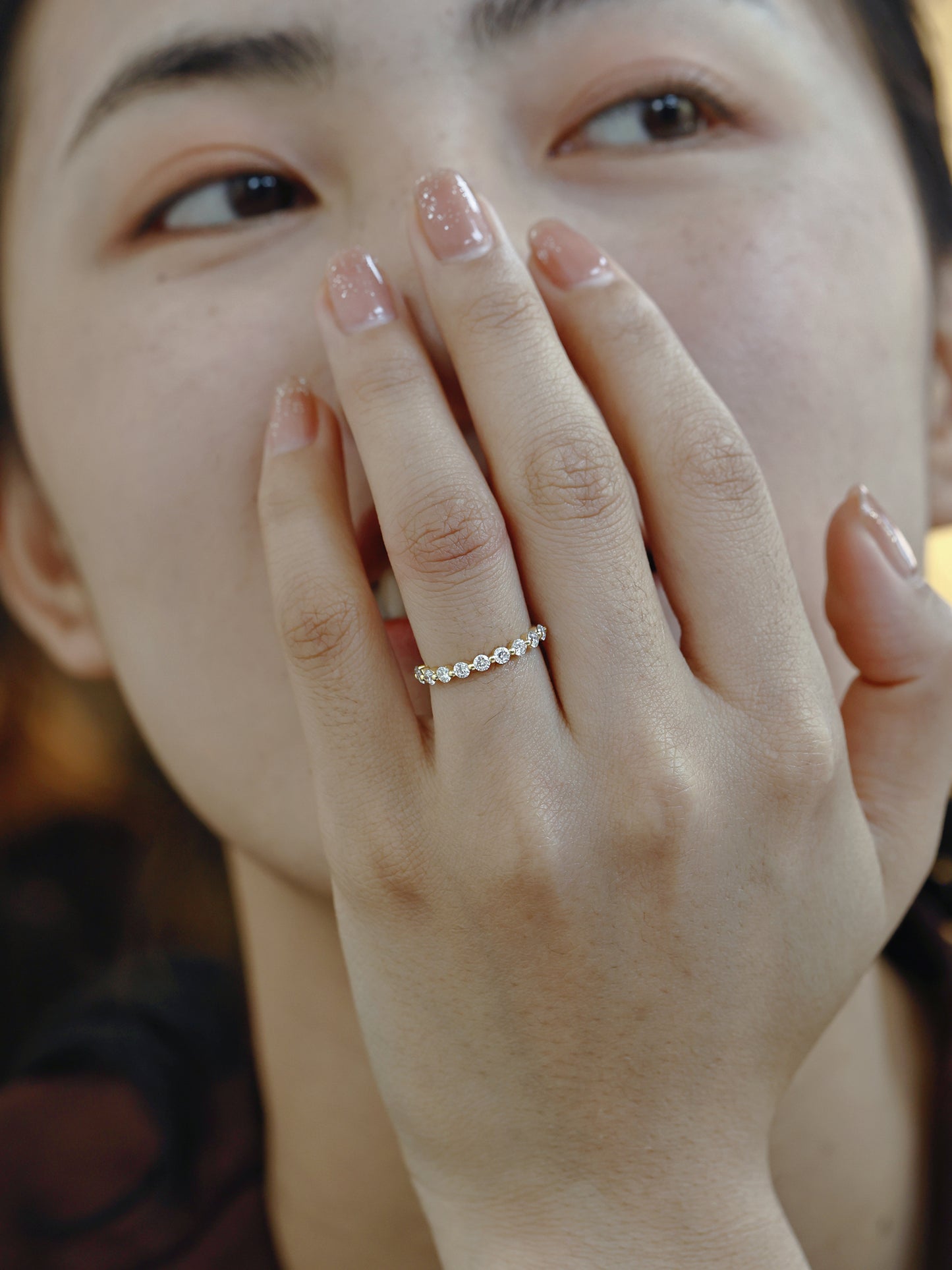 HD Fanxing 18K Gold Artificial Synthetic Cultivation Diamond Shining Easiest for Match Twin Half Circle round Diamond Row Diamond Ring Ins