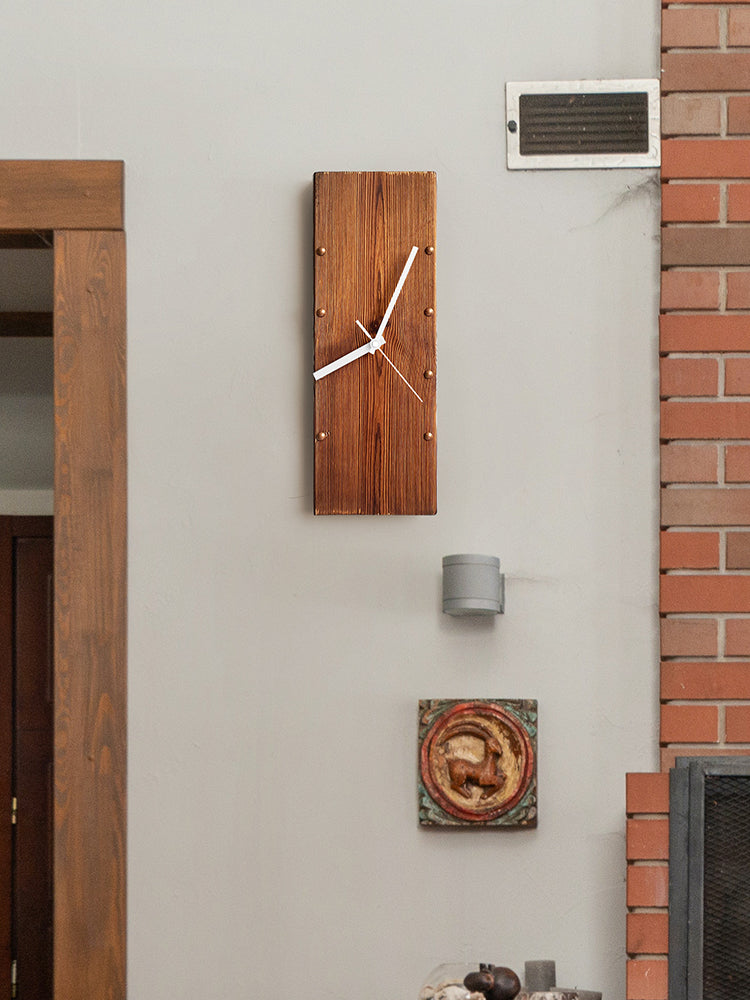 Retro Solid Wood Rectangular Wall Clock American Style Nostalgic Decorative Clock Minimalist Art Mute Clock Living Room Punch-Free