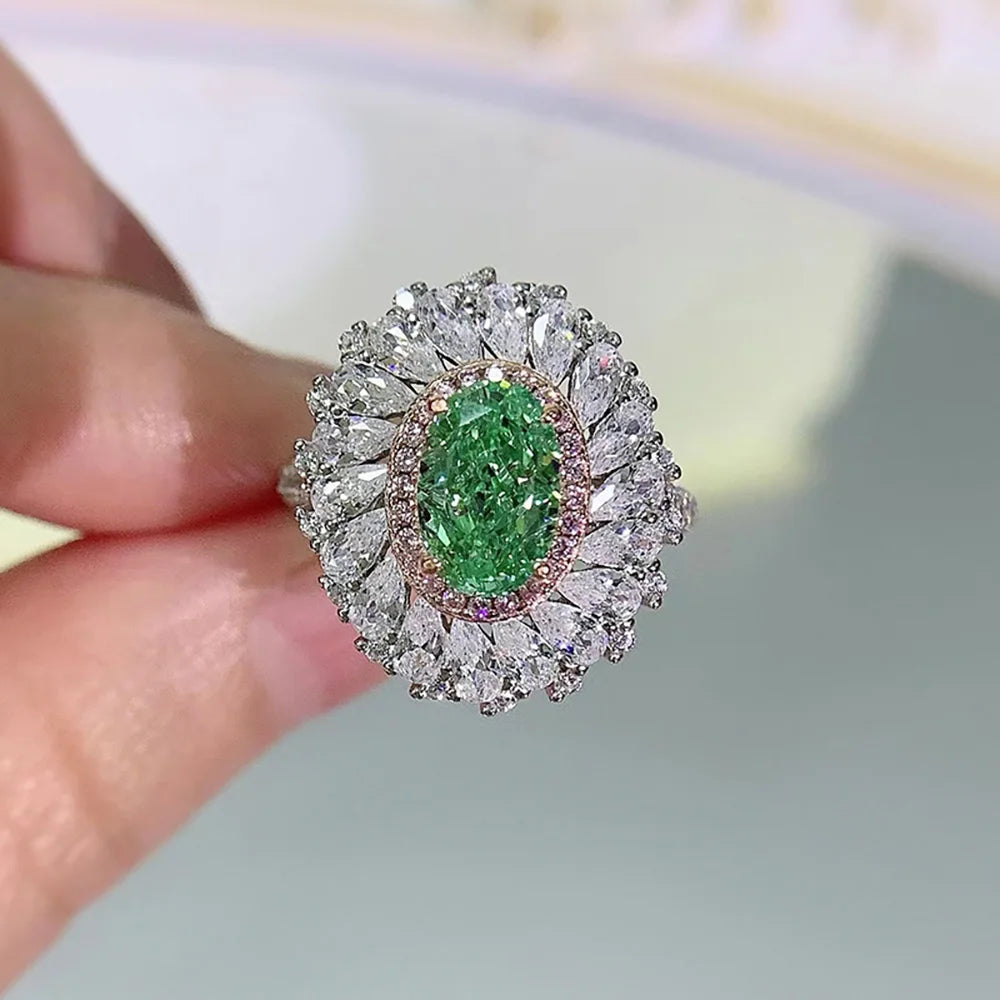 Charms 100% 925 Real Silver 6*9mm Light Green Tourmaline Rings for Women Gemstone Lab Diamond Wedding Party Fine Jewelry Gifts
