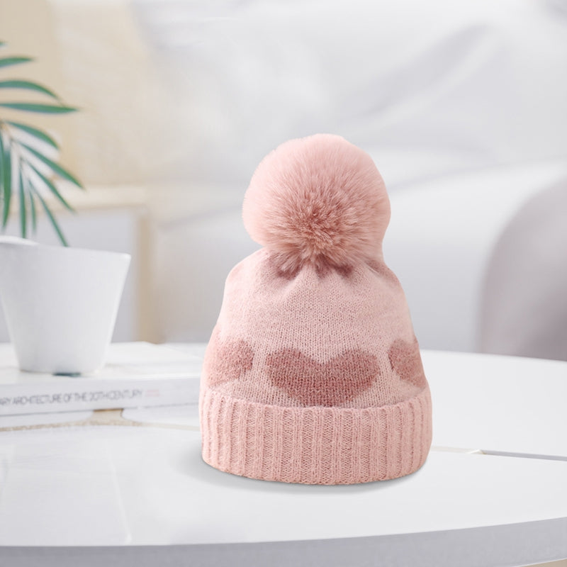 Lioraitiin Baby Girl Winter Hat Cute Heart Pattern Plush Pom Knit Beanie Warm Hospital Cap For Infant Cold Weather Accessories