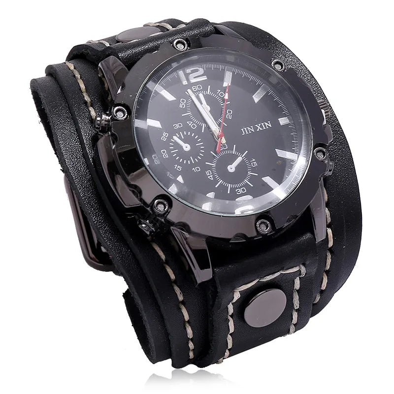 Mens Quartz Watches Luxury Wristwatch 2024 Cowhide Watchband Punk Style Watch for Men Wide Genuine Leather Bracelets