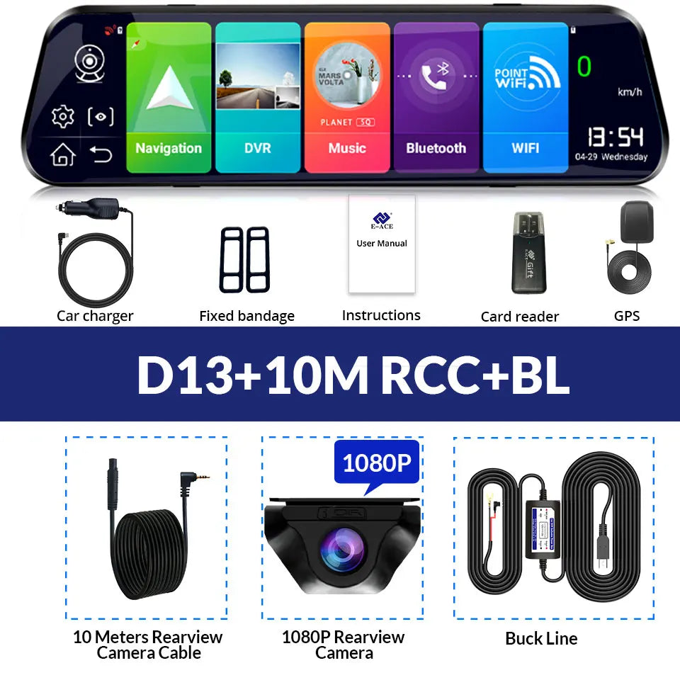 E-ACE 4G Car Dvr 10 Inch Mirror Dash Cam Android 8.1 GPS Navigation Car Camera Auto Recorder ADAS Support 1080P Rear Camera