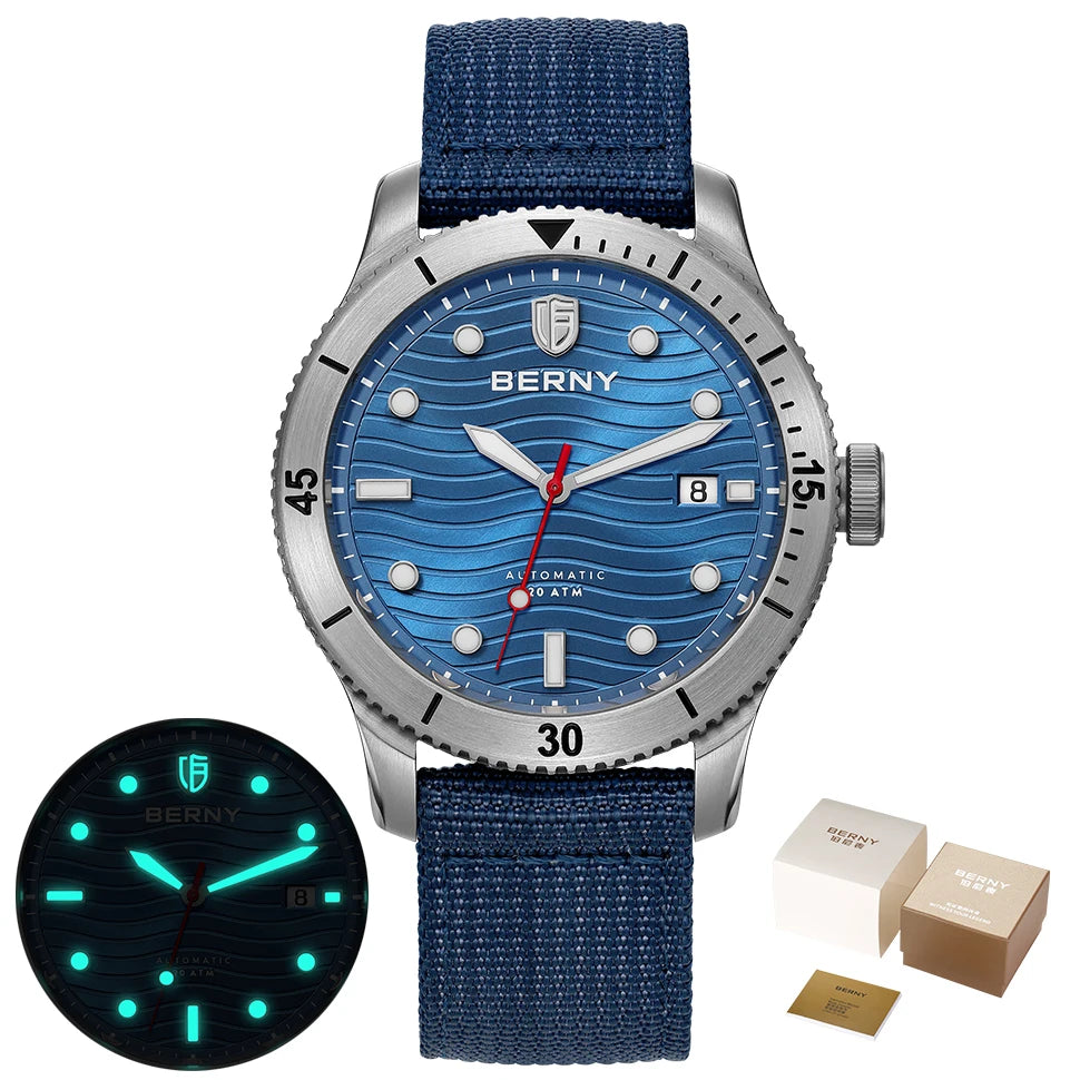 BERNY Automatic Diving Wristwatch for Men PT5000 Movement 20ATM Waterproof Luminous Sapphire Mechanical Sport Divers Watch Men