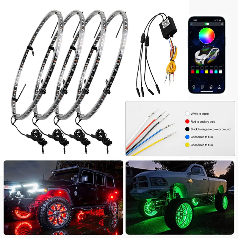 4 Pcs RGB Car Wheel Light For 15.5 inch 17 inch 19 inch APP/Remote Car Hub Light 12V LED With Brake Steering Phantom Neon Lamp