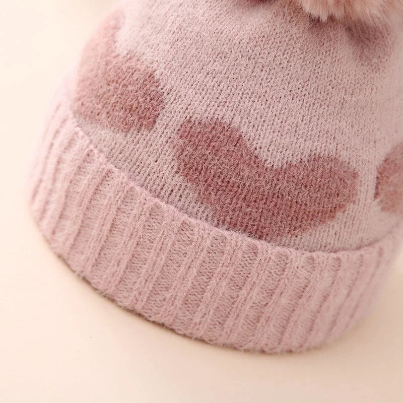 Lioraitiin Baby Girl Winter Hat Cute Heart Pattern Plush Pom Knit Beanie Warm Hospital Cap For Infant Cold Weather Accessories
