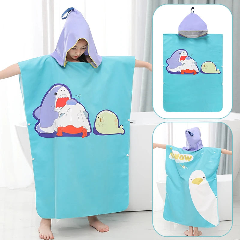 Kids Beach Poncho Towels,Absorbent Quick Dry,Children's Hooded Bathrobe for Boys Girls 3-12Years,Animal Cartoon Swim Bathing Cap