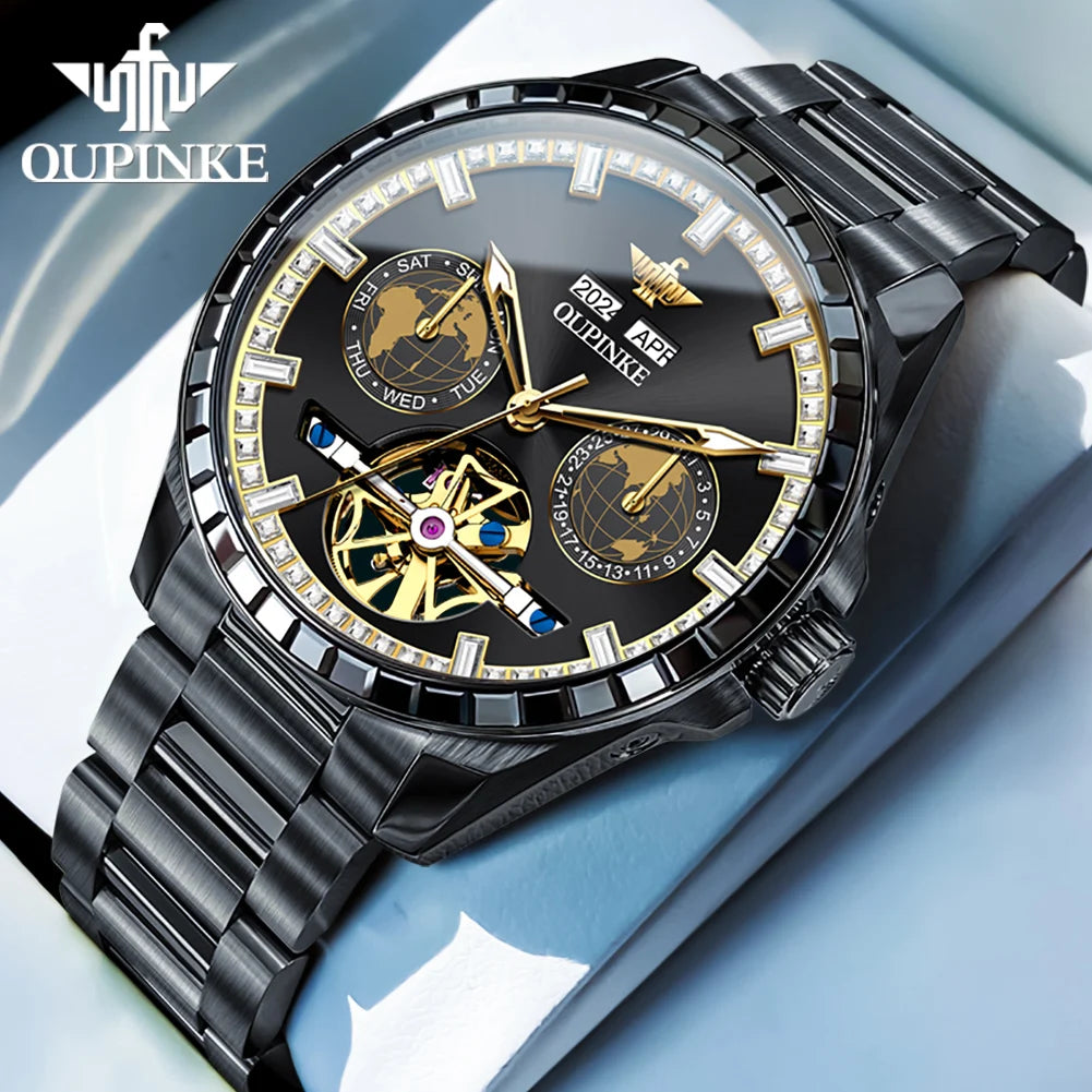 OUPINKE 3280 Fully Automatic Mechanical Men Watch Luxury Starry Sky Tourbillon Calendar Week Waterproof Men Watch Diamond Reloj
