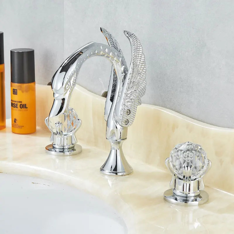 Luxury Gold Swan Bathroom Basin Tap Crystal Handle Swan Basin Faucet Cold Hot Water Mixer Taps Deck Mounted Washbasin Faucet