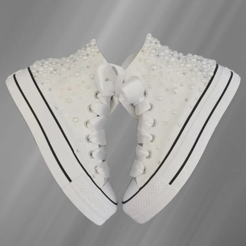 Hand-made thick soled white pearl rhinestones wedding party banquet large size canvas shoes high top casual women's shoes 35-40