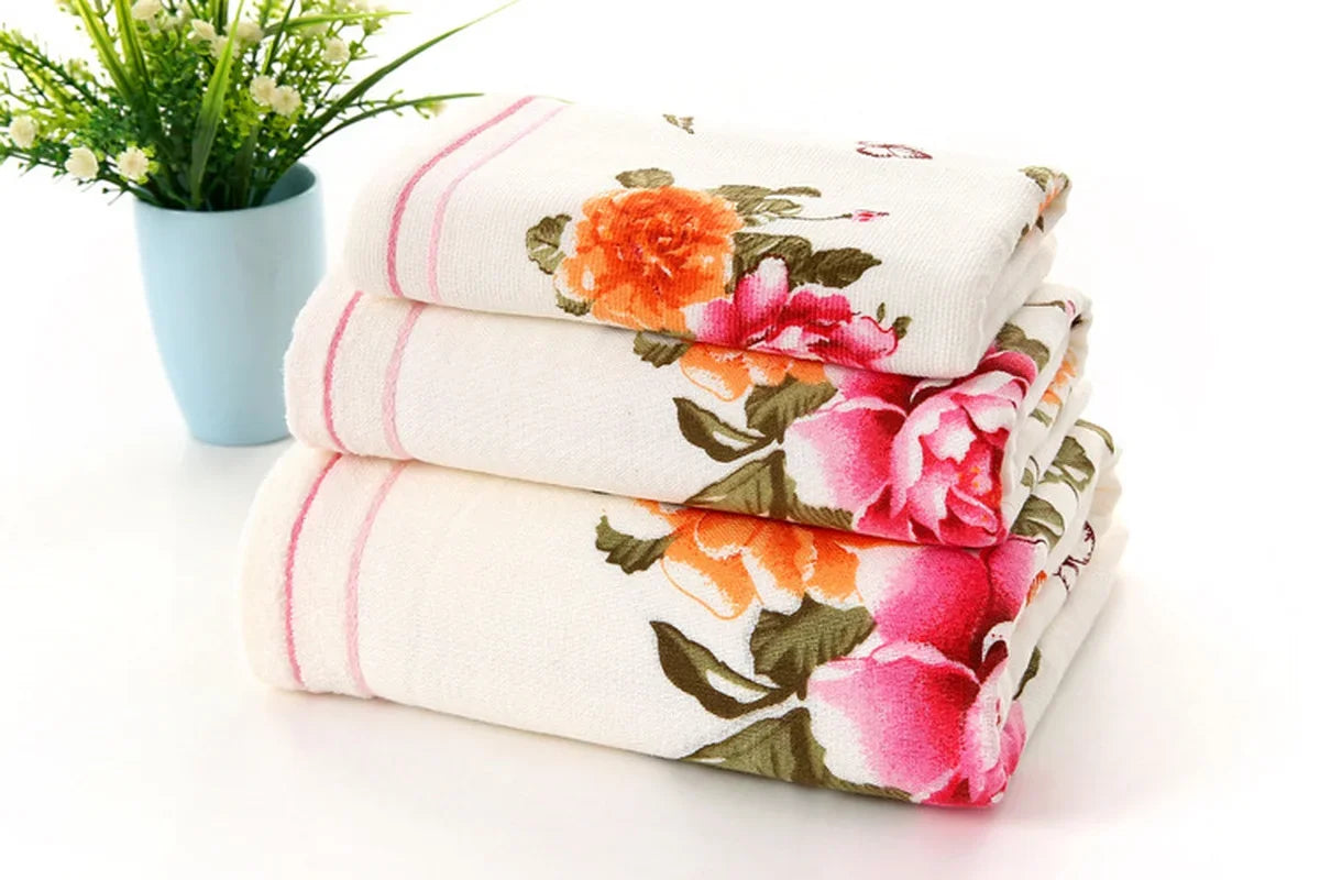 2025 New Luxury 100% Cotton Towel with Bath Towels New Women Peony Beach Towel Bathroom Set for Family Guest Bathrooms Gym