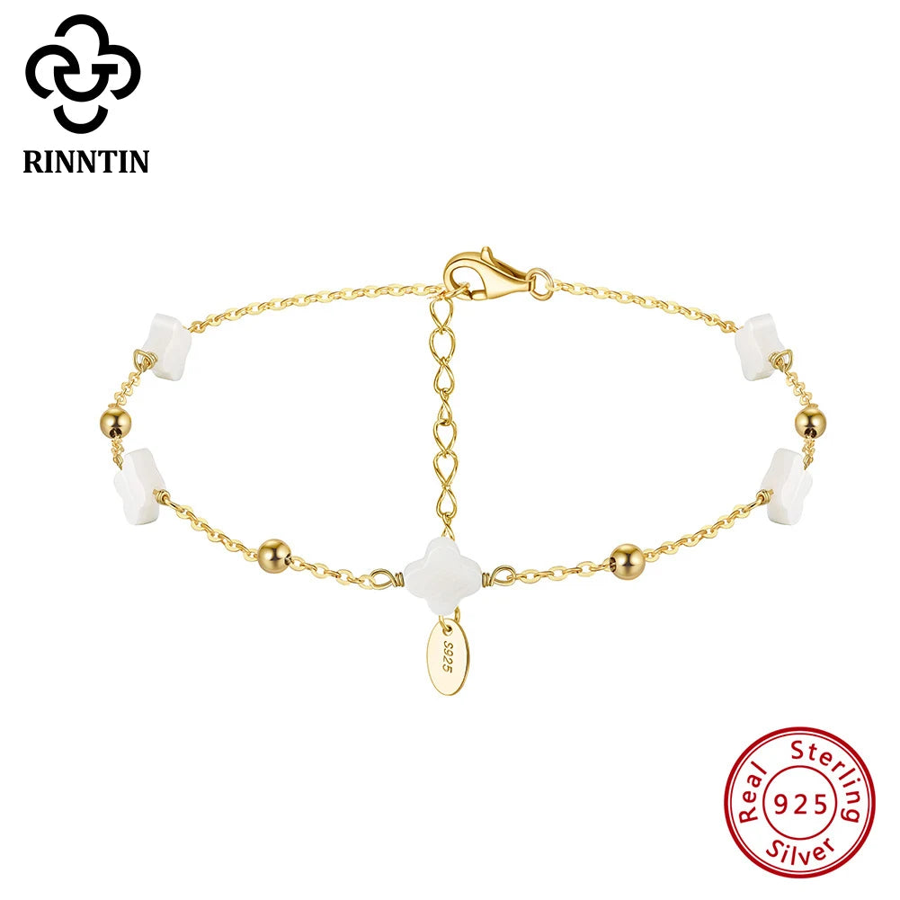 Rinntin Four Leaf Clover Anklet Bracelet for Women Delicate Style 925 Silver Thin Chains On Leg Summer Beach Accessories GMA01