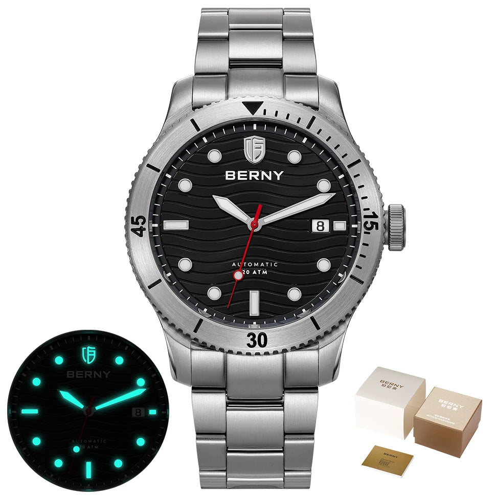 BERNY Automatic Diving Wristwatch for Men PT5000 Movement 20ATM Waterproof Luminous Sapphire Mechanical Sport Divers Watch Men