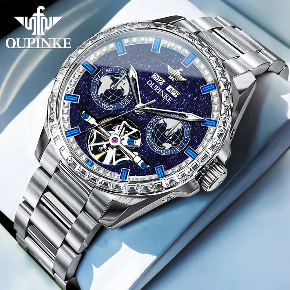 OUPINKE 3280 Fully Automatic Mechanical Men Watch Luxury Starry Sky Tourbillon Calendar Week Waterproof Men Watch Diamond Reloj