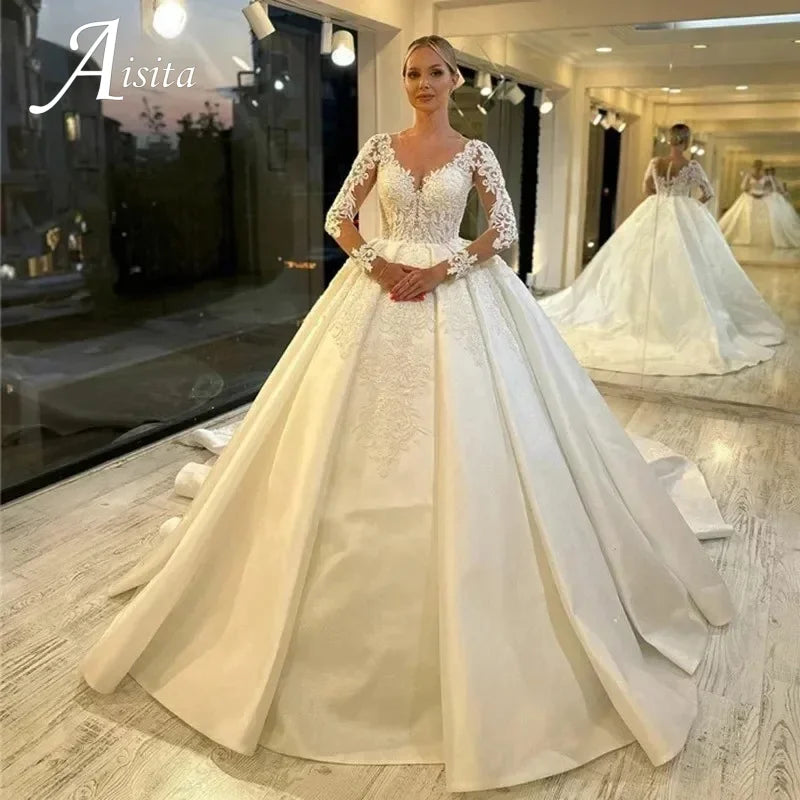 Vestidos De Novia Shining Sequin A-Line Long Sleeves Ball Gown Wedding Dress Beading Tulle Luxury Hochzeitskleid Button Back