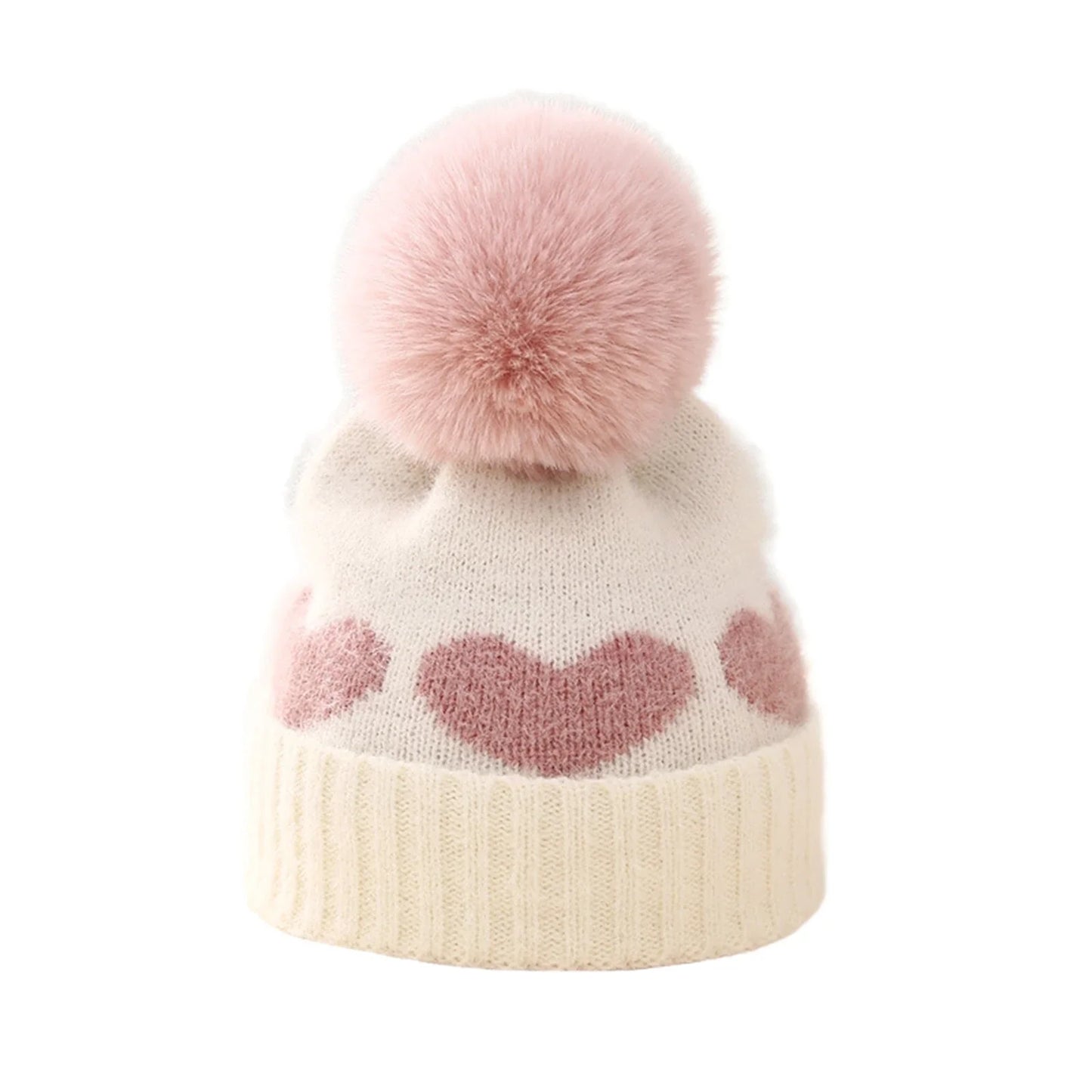 Lioraitiin Baby Girl Winter Hat Cute Heart Pattern Plush Pom Knit Beanie Warm Hospital Cap For Infant Cold Weather Accessories