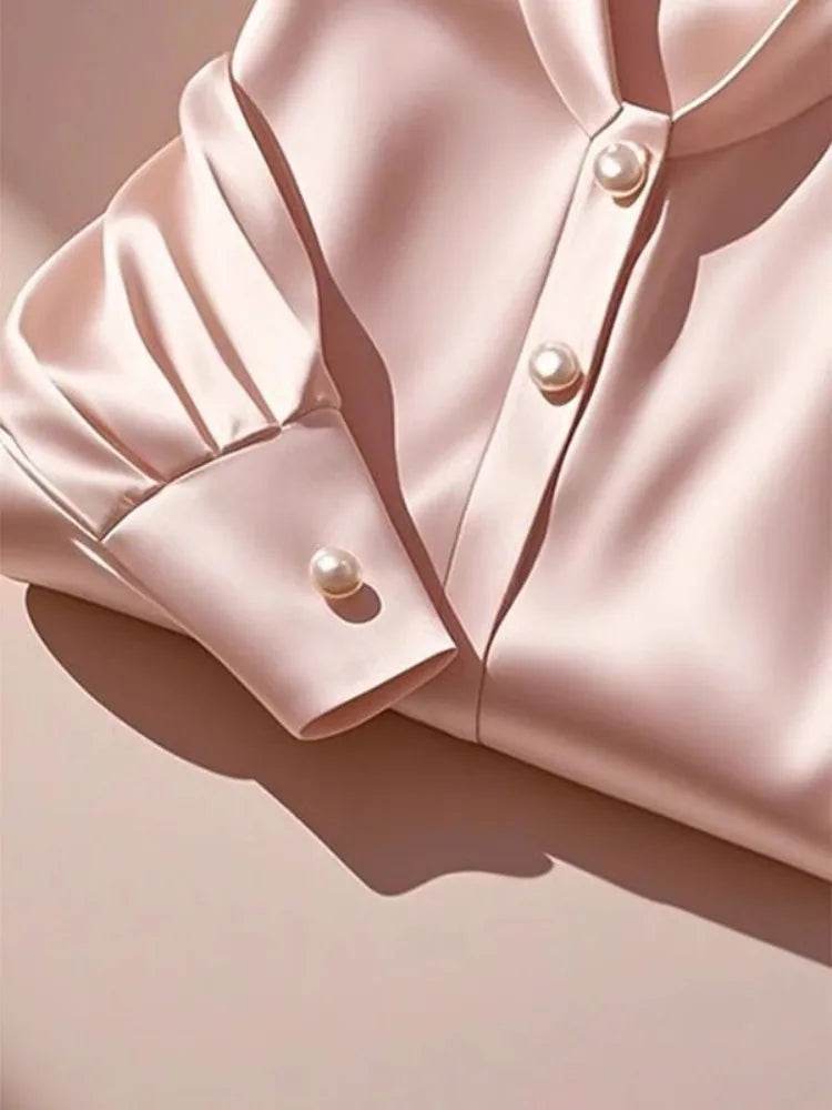 Elegant French Women's Pink Satin Shirt Turn-down Collar Long Sleeve Blouse Autumn/Winter for Women Casual Simple Office Lady