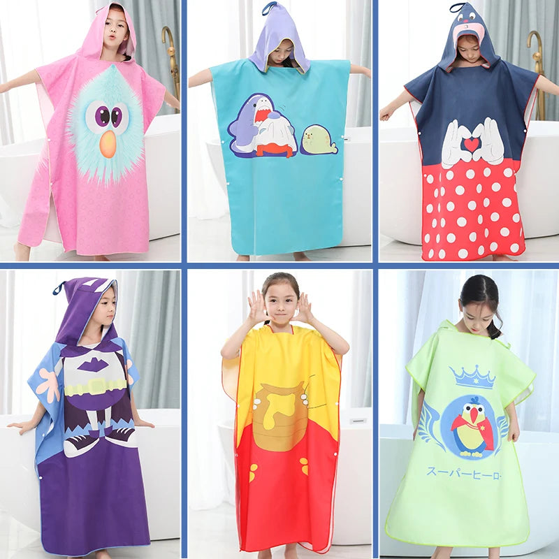 Kids Beach Poncho Towels,Absorbent Quick Dry,Children's Hooded Bathrobe for Boys Girls 3-12Years,Animal Cartoon Swim Bathing Cap