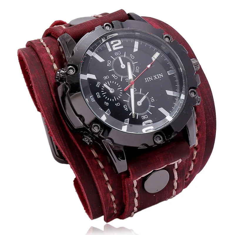 Mens Quartz Watches Luxury Wristwatch 2024 Cowhide Watchband Punk Style Watch for Men Wide Genuine Leather Bracelets