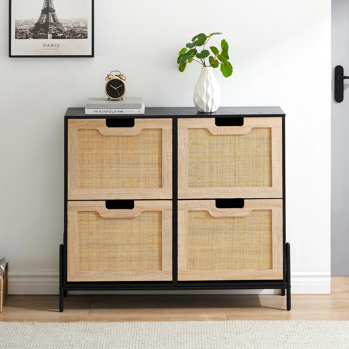 Rattan Shoe Storage Cabinet, Entryway Shoes Cabinet with 4 Flip Doors, Freestanding Shoe Rack with 3 Position Adjustable Shelves