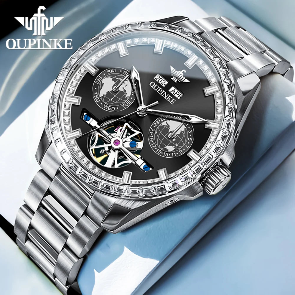 OUPINKE 3280 Fully Automatic Mechanical Men Watch Luxury Starry Sky Tourbillon Calendar Week Waterproof Men Watch Diamond Reloj