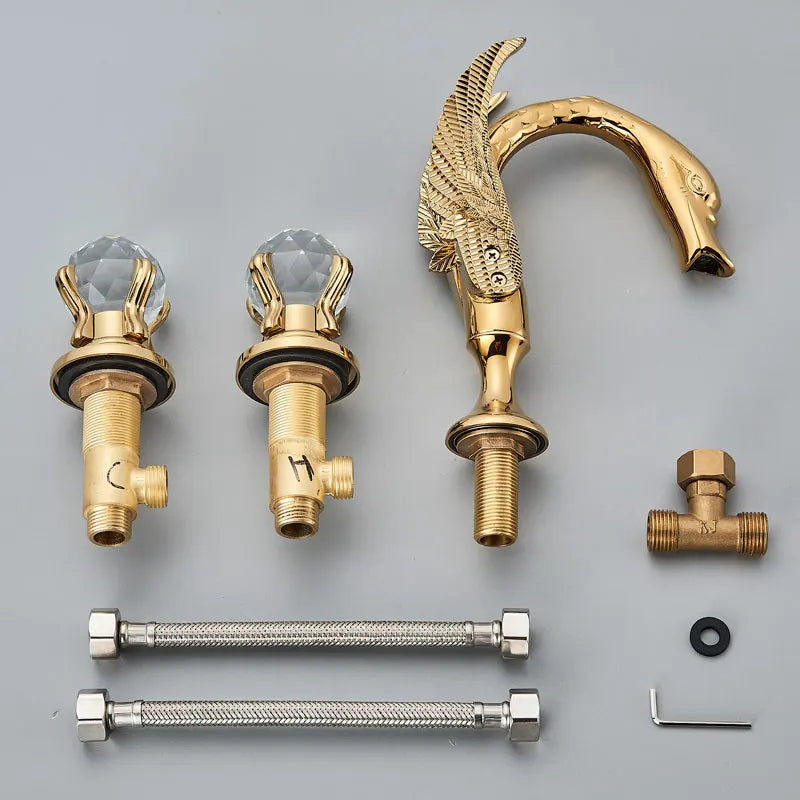 Luxury Gold Swan Bathroom Basin Tap Crystal Handle Swan Basin Faucet Cold Hot Water Mixer Taps Deck Mounted Washbasin Faucet